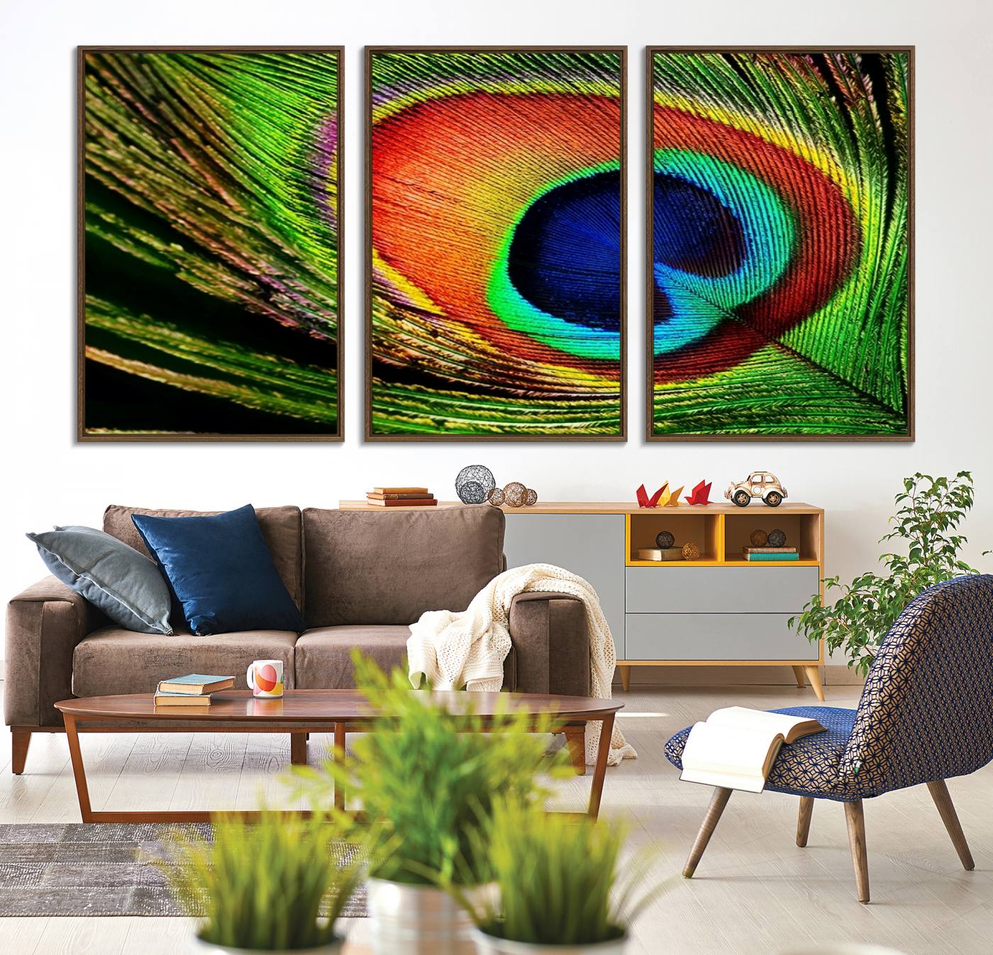 64643-MGV-CV-36X24-Colorful Peacock Feather Wall Art Print - Vibrant Green, Blue, and Orange Peacock Feather Design, Ready to Hang