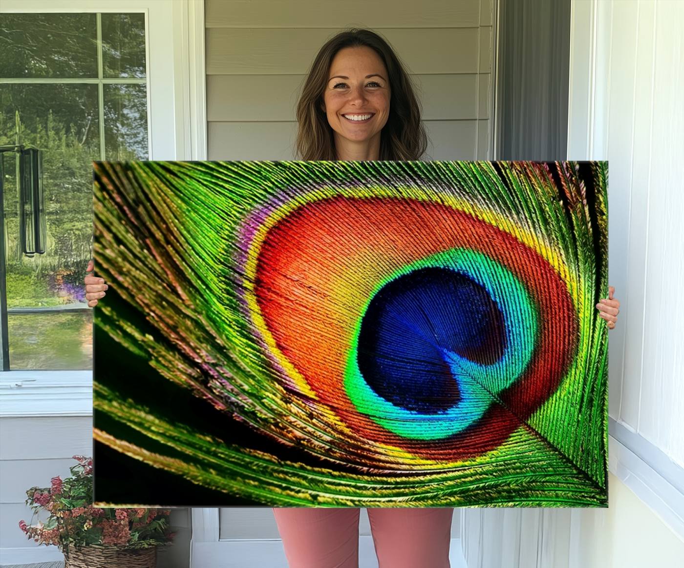 64643-MGV-CV-36X24-Colorful Peacock Feather Wall Art Print - Vibrant Green, Blue, and Orange Peacock Feather Design, Ready to Hang