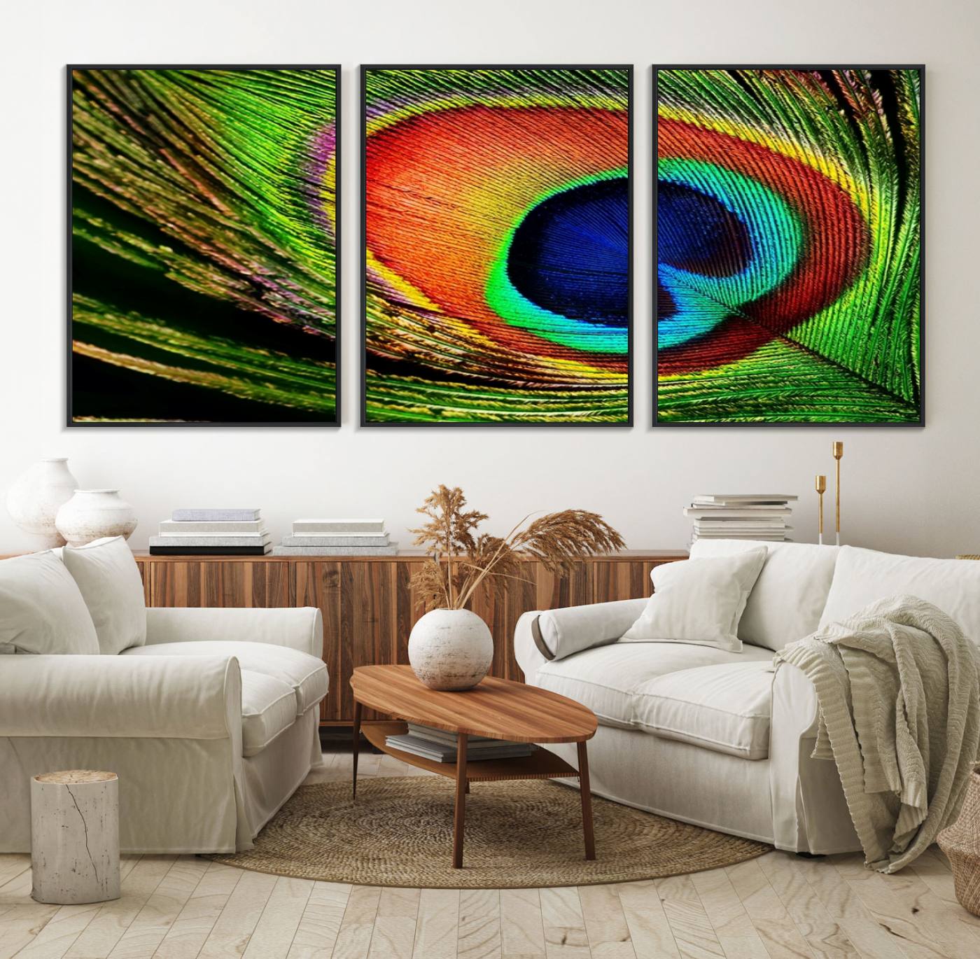 64643-MGV-FC-60X30-3P_Black-Colorful Peacock Feather Wall Art Print - Vibrant Green, Blue, and Orange Peacock Feather Design, Ready to Hang