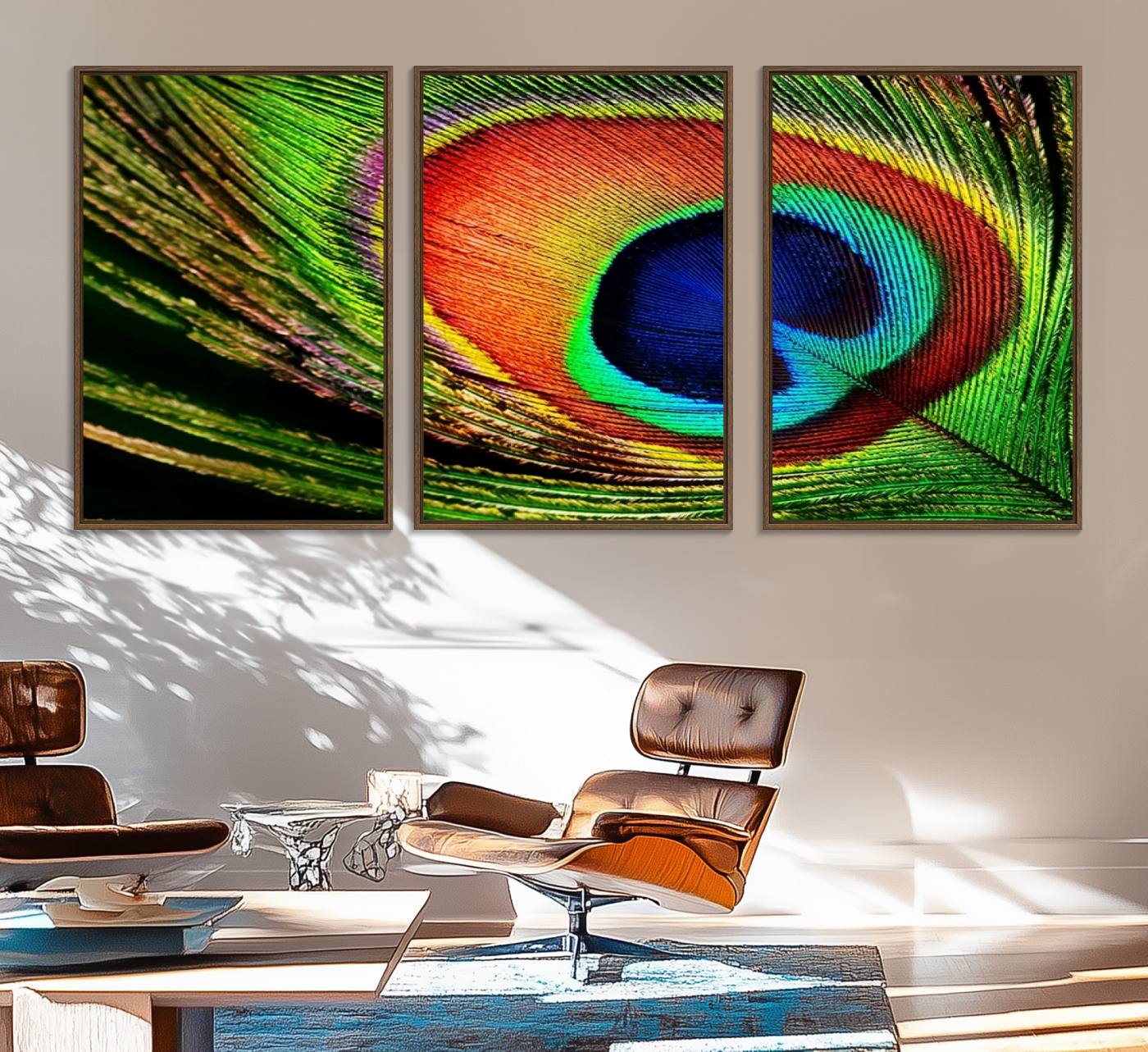64643-MGV-FC-60X30-3P_Walnut-Colorful Peacock Feather Wall Art Print - Vibrant Green, Blue, and Orange Peacock Feather Design, Ready to Hang