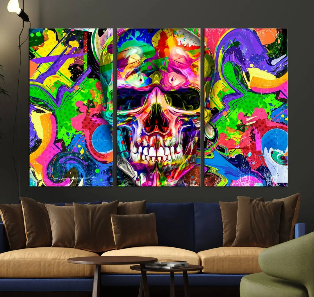 The Colorful Skull Canvas Art Painting, a psychedelic and fantastic multi-panel wall art piece, showcases its vibrant design and lasting brilliance with museum-quality canvas and UV-protective coating.