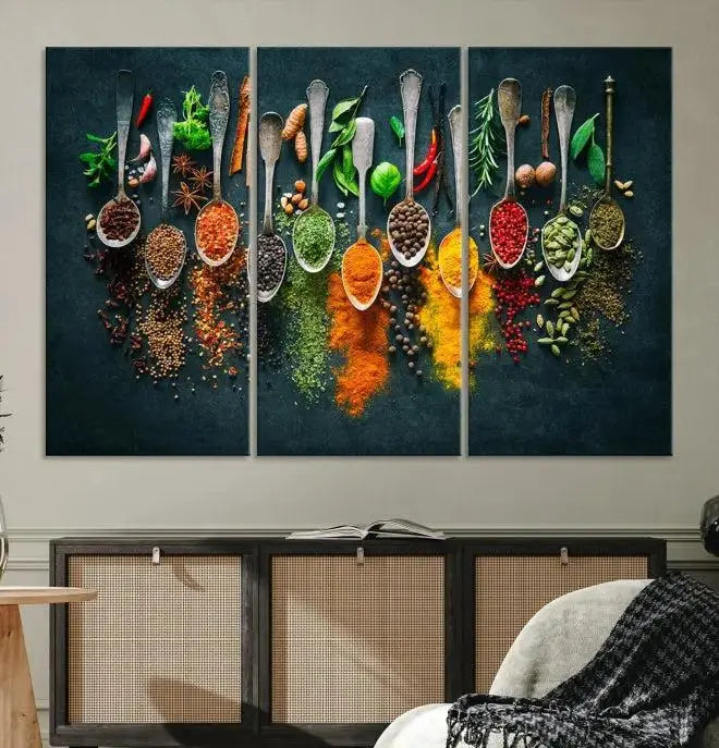 Colorful Spices Canvas Wall Art – Vibrant Kitchen Decor Triptych – Culinary Art Print for Dining Room or Kitchen – Ready to Hang