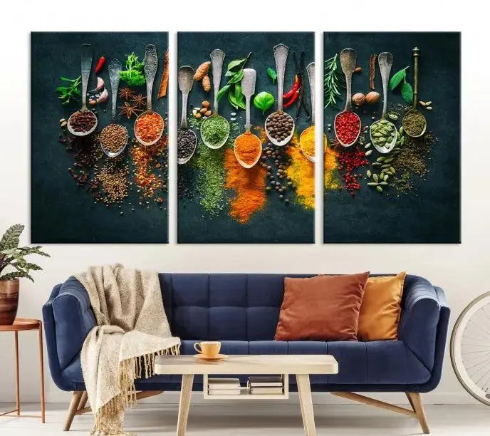 Colorful Spices Canvas Wall Art – Vibrant Kitchen Decor Triptych – Culinary Art Print for Dining Room or Kitchen – Ready to Hang