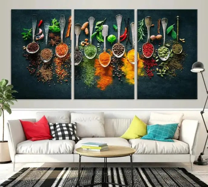 Colorful Spices Canvas Wall Art – Vibrant Kitchen Decor Triptych – Culinary Art Print for Dining Room or Kitchen – Ready to Hang