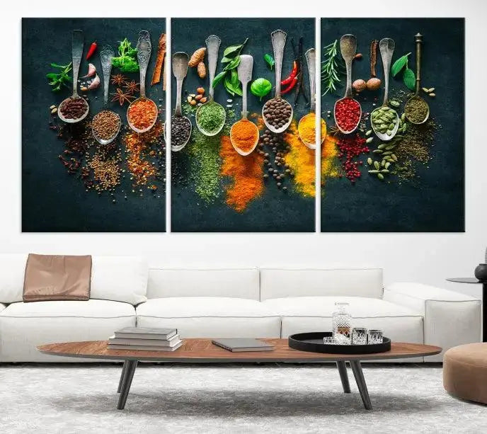 Colorful Spices Canvas Wall Art – Vibrant Kitchen Decor Triptych – Culinary Art Print for Dining Room or Kitchen – Ready to Hang