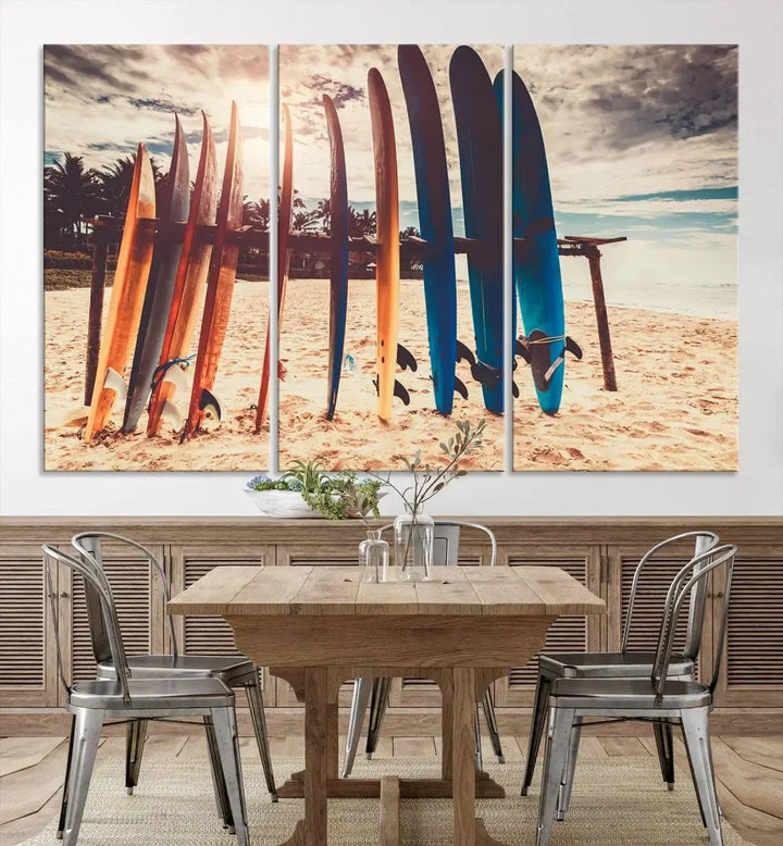 A three-panel canvas wall art titled "Colorful Surfing Boards and Sunset Canvas Wall Art Print Canvas Print" features surfboards on a sandy beach. This piece is crafted on gallery-wrapped, museum-quality canvas with a UV-protective coating.