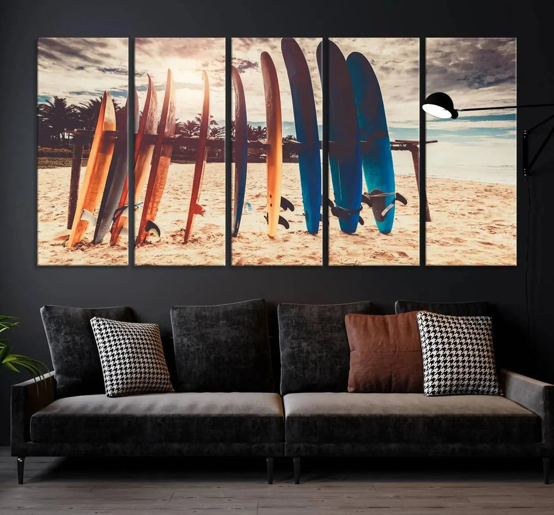 A three-panel canvas wall art titled "Colorful Surfing Boards and Sunset Canvas Wall Art Print Canvas Print" features surfboards on a sandy beach. This piece is crafted on gallery-wrapped, museum-quality canvas with a UV-protective coating.