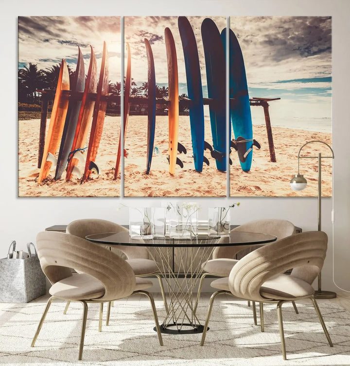 A three-panel canvas wall art titled "Colorful Surfing Boards and Sunset Canvas Wall Art Print Canvas Print" features surfboards on a sandy beach. This piece is crafted on gallery-wrapped, museum-quality canvas with a UV-protective coating.