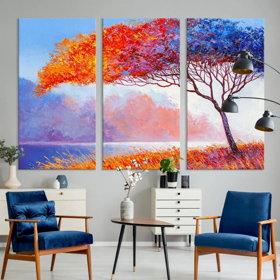 The Colorful Tree Wall Art Canvas is a vibrant, multi-panel painting depicting a colorful tree by a lake. It is crafted on museum-quality canvas and comes ready to hang.