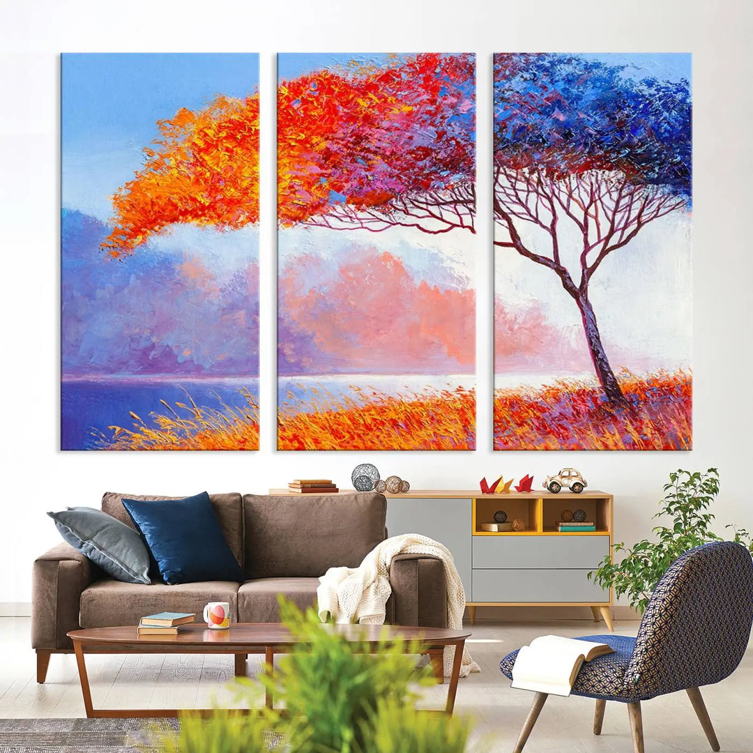 The Colorful Tree Wall Art Canvas is a vibrant, multi-panel painting depicting a colorful tree by a lake. It is crafted on museum-quality canvas and comes ready to hang.