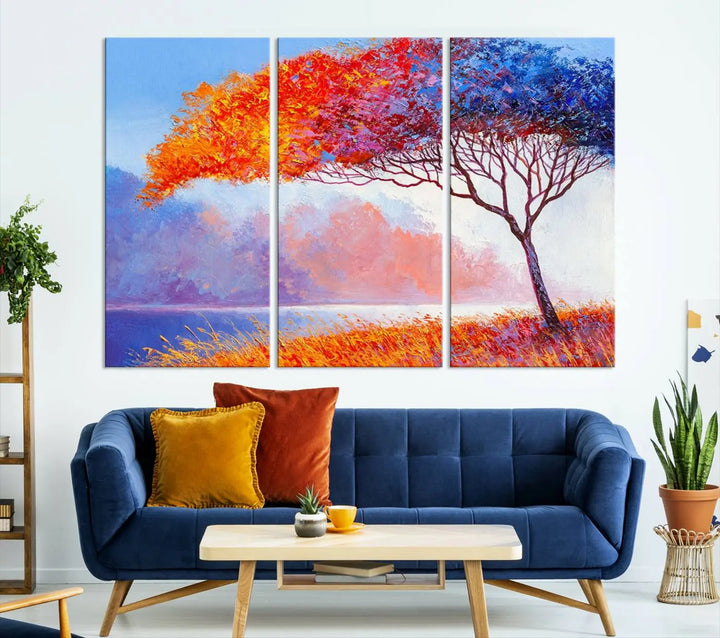 The Colorful Tree Wall Art Canvas is a vibrant, multi-panel painting depicting a colorful tree by a lake. It is crafted on museum-quality canvas and comes ready to hang.