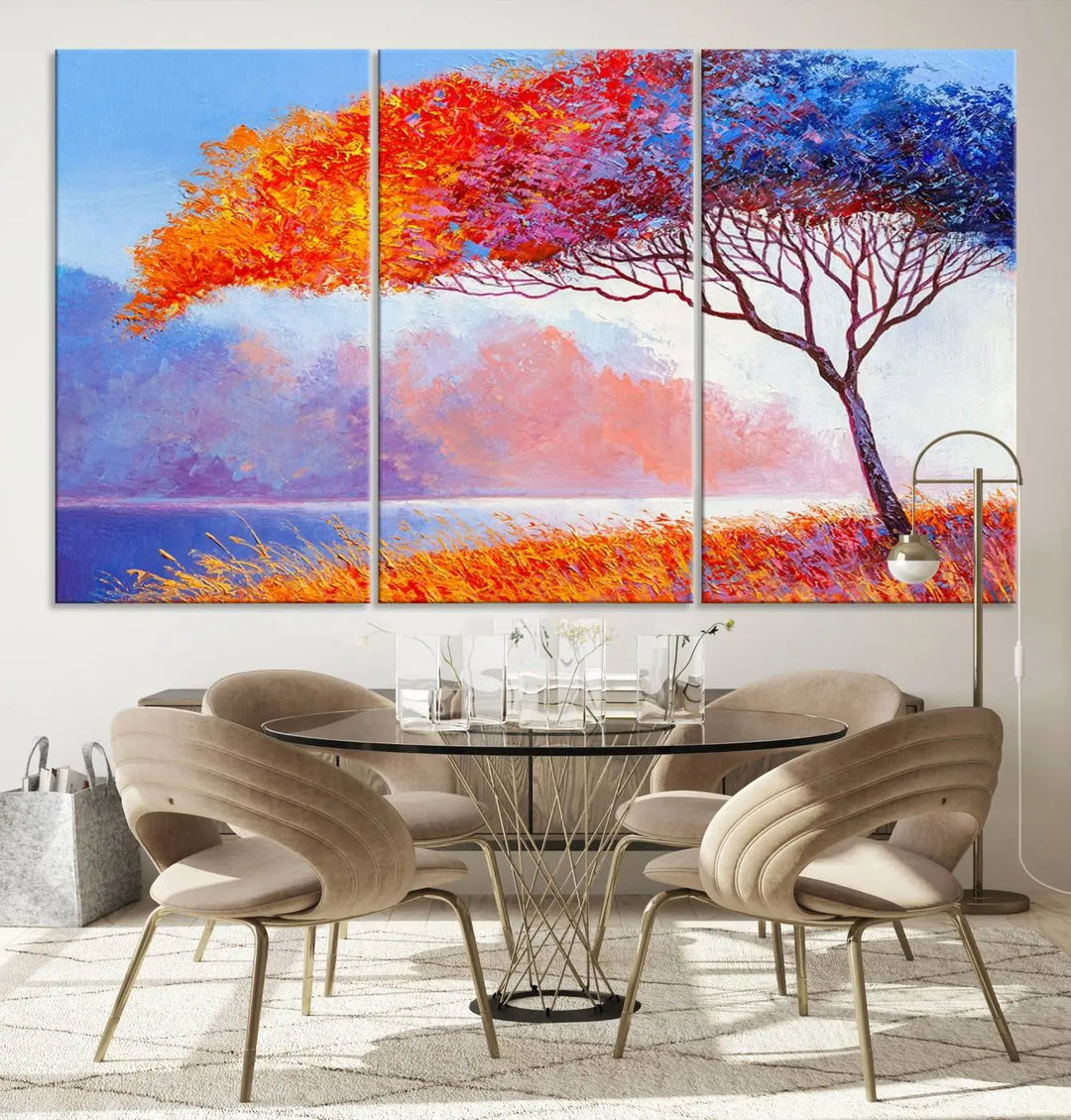 The Colorful Tree Wall Art Canvas is a vibrant, multi-panel painting depicting a colorful tree by a lake. It is crafted on museum-quality canvas and comes ready to hang.