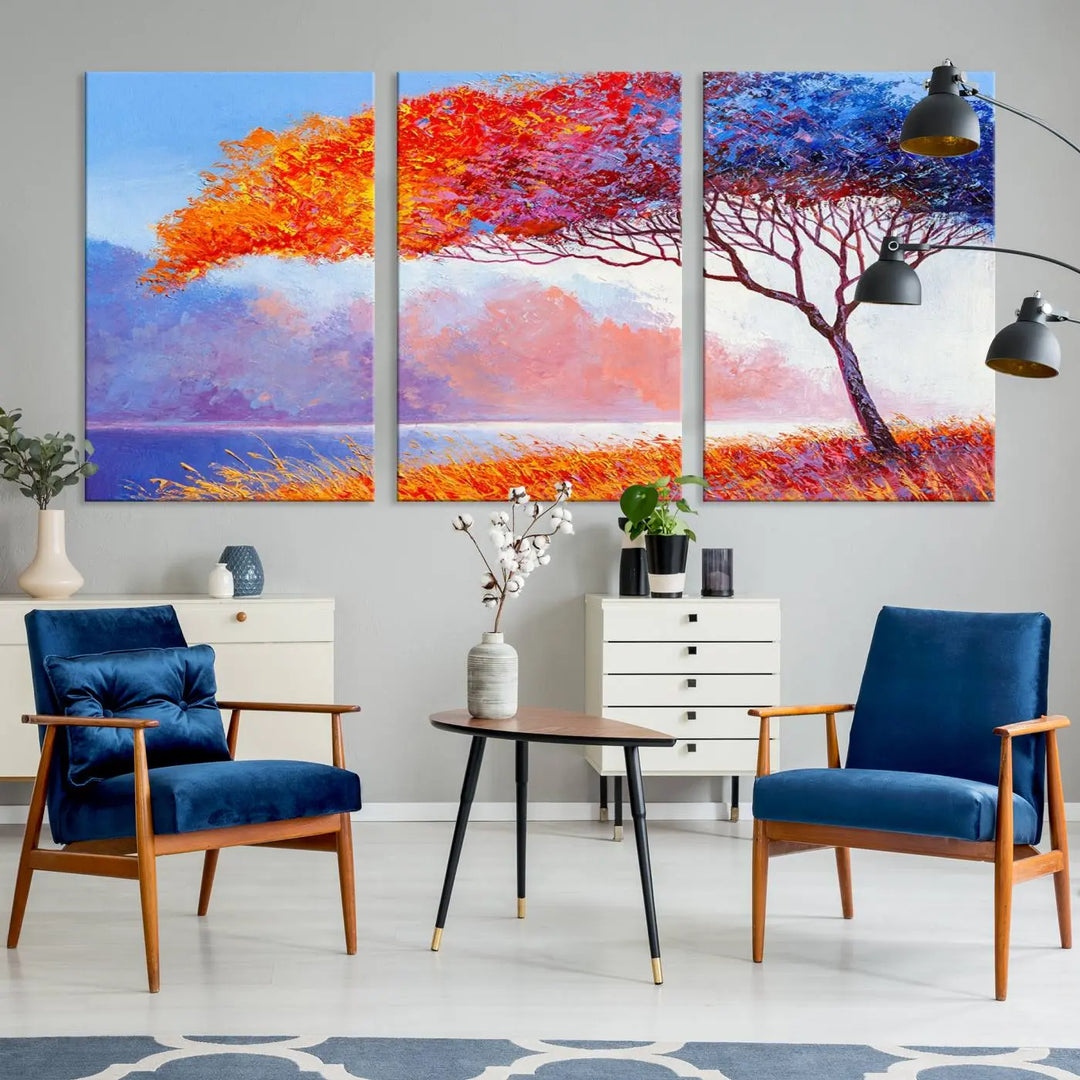 The Colorful Tree Wall Art Canvas is a vibrant, multi-panel painting depicting a colorful tree by a lake. It is crafted on museum-quality canvas and comes ready to hang.