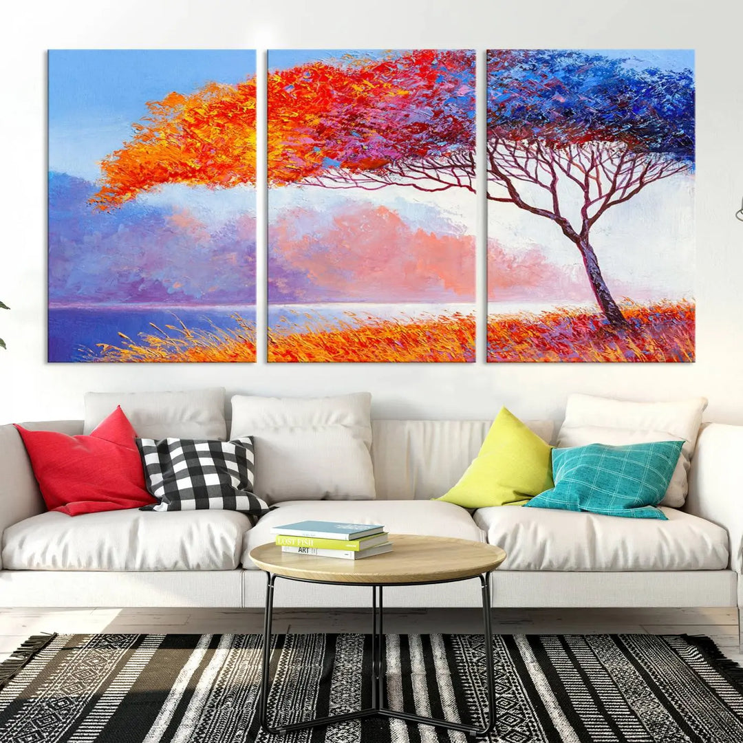 The Colorful Tree Wall Art Canvas is a vibrant, multi-panel painting depicting a colorful tree by a lake. It is crafted on museum-quality canvas and comes ready to hang.