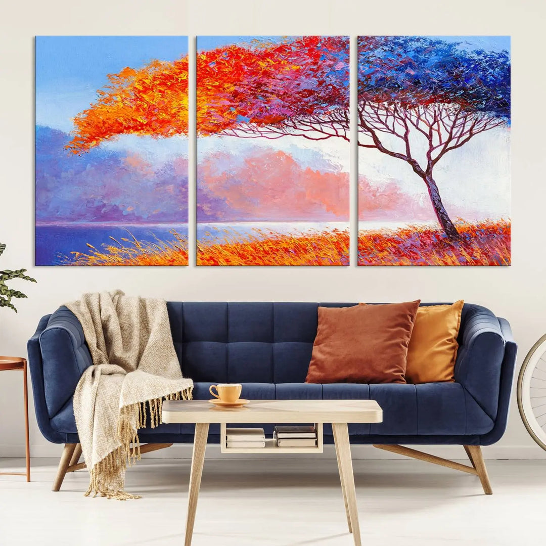 The Colorful Tree Wall Art Canvas is a vibrant, multi-panel painting depicting a colorful tree by a lake. It is crafted on museum-quality canvas and comes ready to hang.