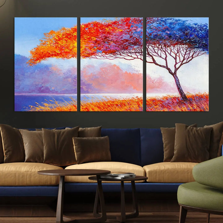 The Colorful Tree Wall Art Canvas is a vibrant, multi-panel painting depicting a colorful tree by a lake. It is crafted on museum-quality canvas and comes ready to hang.