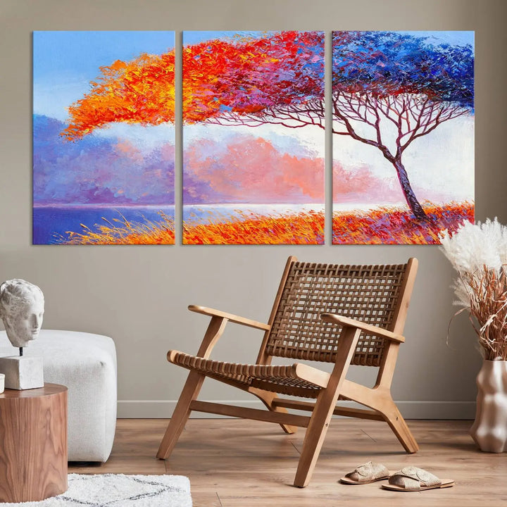 The Colorful Tree Wall Art Canvas is a vibrant, multi-panel painting depicting a colorful tree by a lake. It is crafted on museum-quality canvas and comes ready to hang.