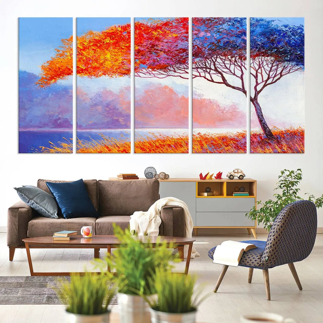 The Colorful Tree Wall Art Canvas is a vibrant, multi-panel painting depicting a colorful tree by a lake. It is crafted on museum-quality canvas and comes ready to hang.