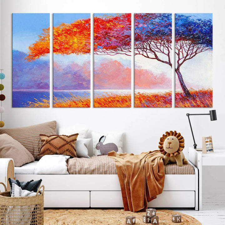 The Colorful Tree Wall Art Canvas is a vibrant, multi-panel painting depicting a colorful tree by a lake. It is crafted on museum-quality canvas and comes ready to hang.