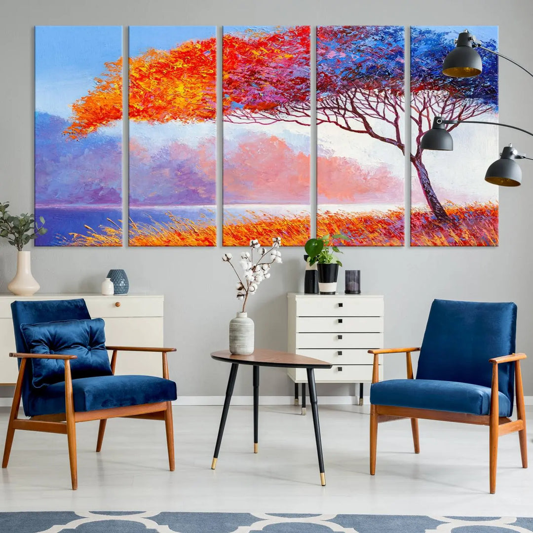 The Colorful Tree Wall Art Canvas is a vibrant, multi-panel painting depicting a colorful tree by a lake. It is crafted on museum-quality canvas and comes ready to hang.