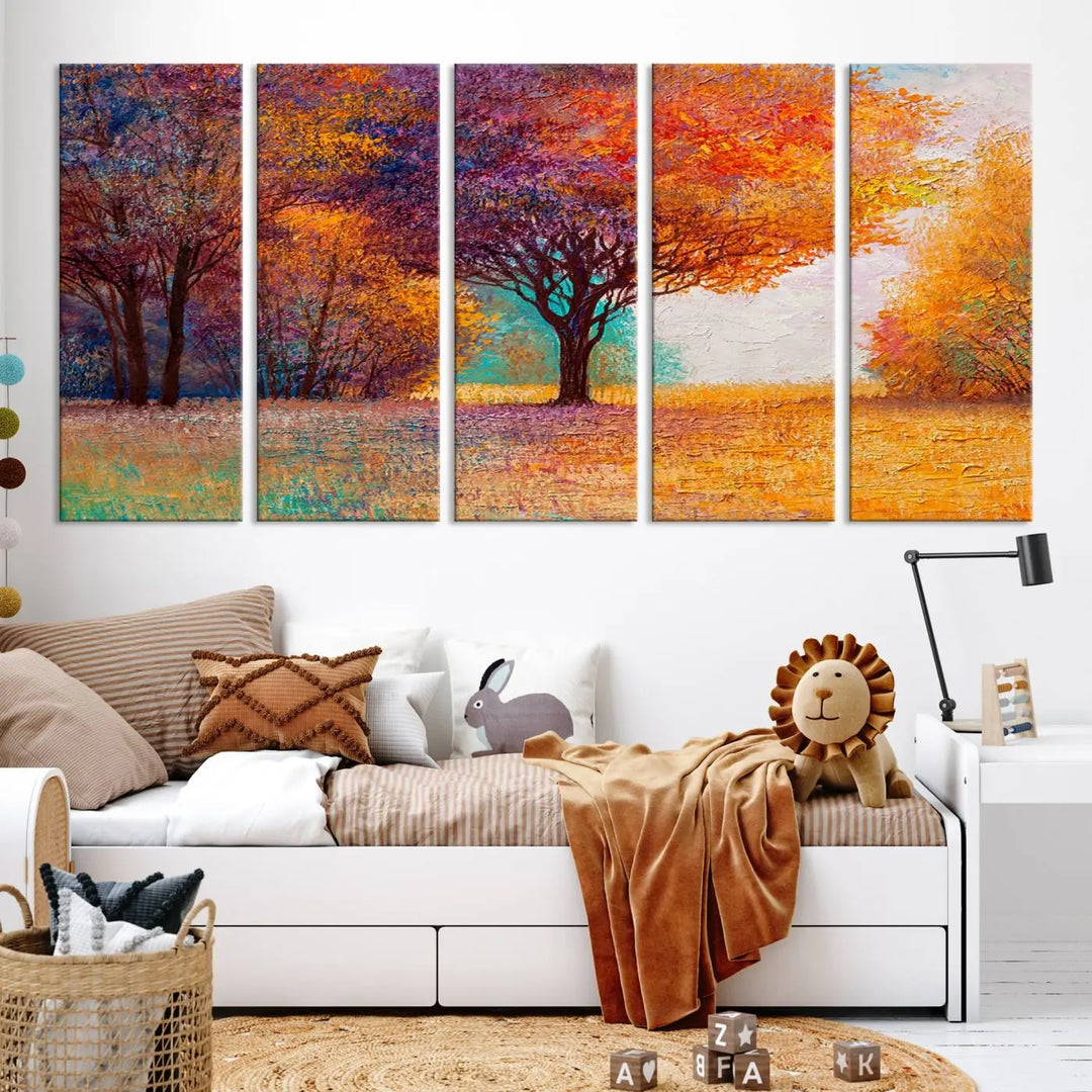 The "Colorful Tree in Autumn" wall art canvas print features a three-panel depiction of a vibrant autumn landscape, gallery wrapped on museum-quality polycotton with UV-protective coating, enhancing the wall in a stylish living room.