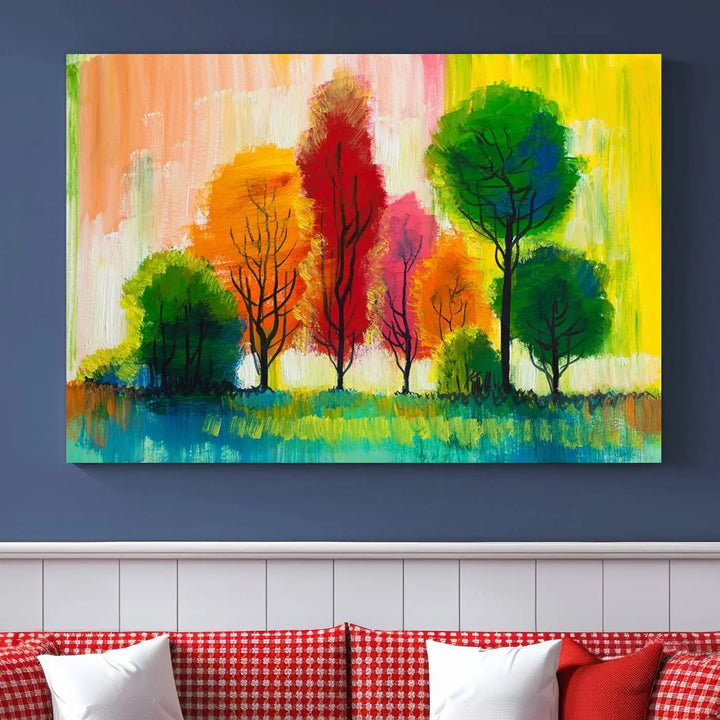 A modern living room features the "Colorful Trees Wall Art Canvas Print" on museum-quality canvases.