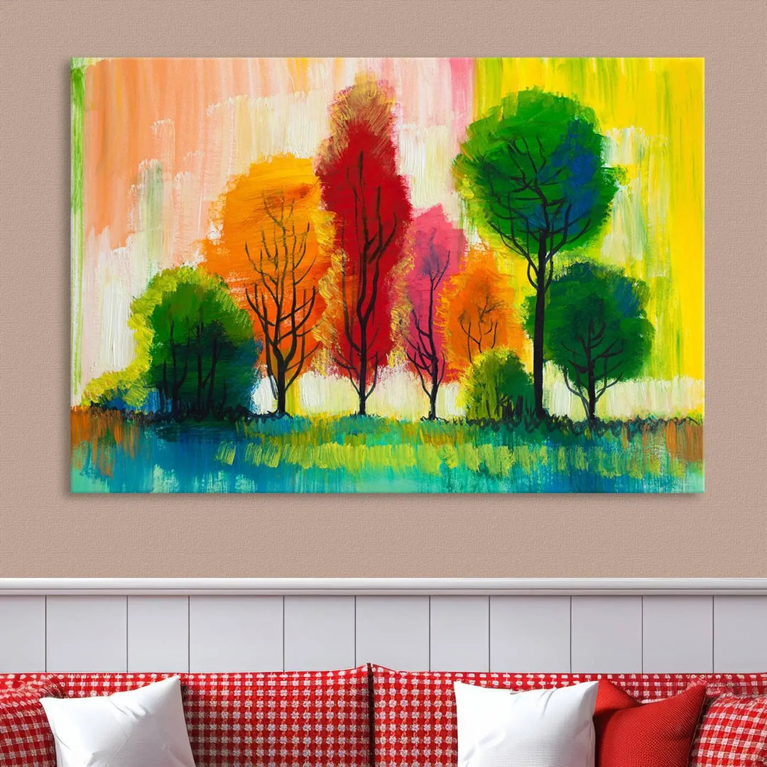 A modern living room features the "Colorful Trees Wall Art Canvas Print" on museum-quality canvases.