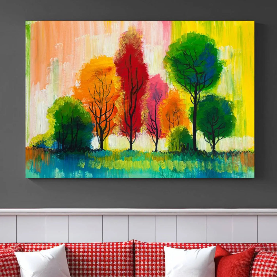 A modern living room features the "Colorful Trees Wall Art Canvas Print" on museum-quality canvases.