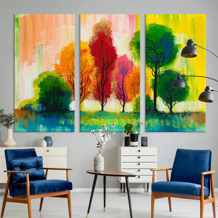 A modern living room features the "Colorful Trees Wall Art Canvas Print" on museum-quality canvases.