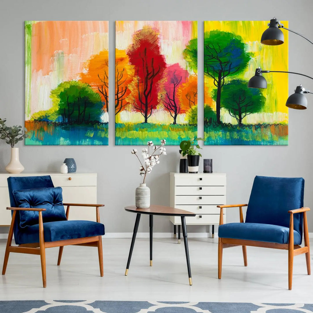 A modern living room features the "Colorful Trees Wall Art Canvas Print" on museum-quality canvases.