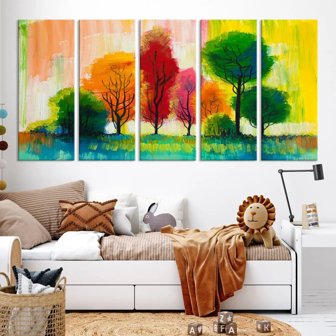 A modern living room features the "Colorful Trees Wall Art Canvas Print" on museum-quality canvases.