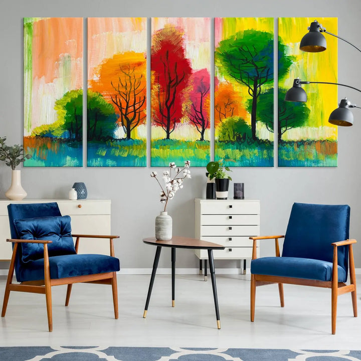 A modern living room features the "Colorful Trees Wall Art Canvas Print" on museum-quality canvases.