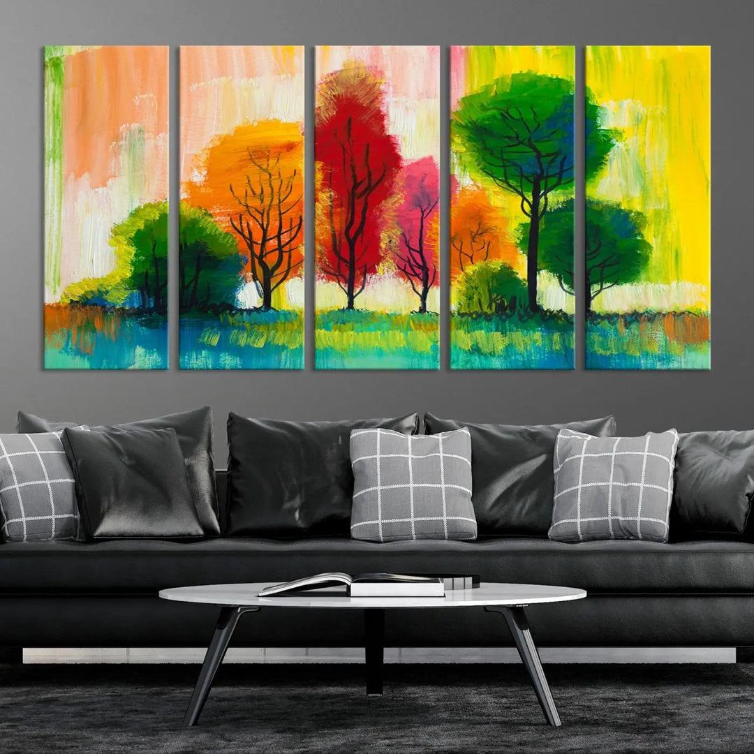 A modern living room features the "Colorful Trees Wall Art Canvas Print" on museum-quality canvases.