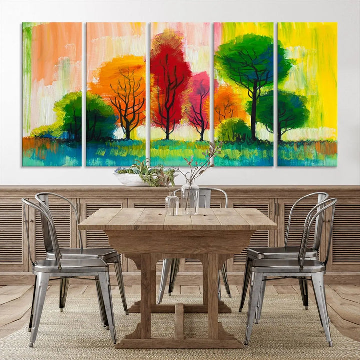 A modern living room features the "Colorful Trees Wall Art Canvas Print" on museum-quality canvases.