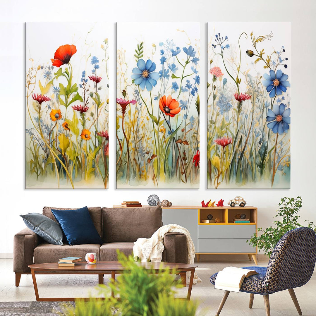 Colorful Wildflower Canvas Wall Art - Vibrant Floral Botanical Print, Bright Nature Decor for Living Room, Large 3 Panel Set, Ready to Hang