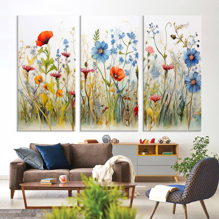 Colorful Wildflower Canvas Wall Art - Vibrant Floral Botanical Print, Bright Nature Decor for Living Room, Large 3 Panel Set, Ready to Hang