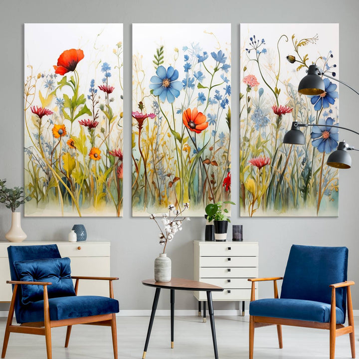 Colorful Wildflower Canvas Wall Art - Vibrant Floral Botanical Print, Bright Nature Decor for Living Room, Large 3 Panel Set, Ready to Hang