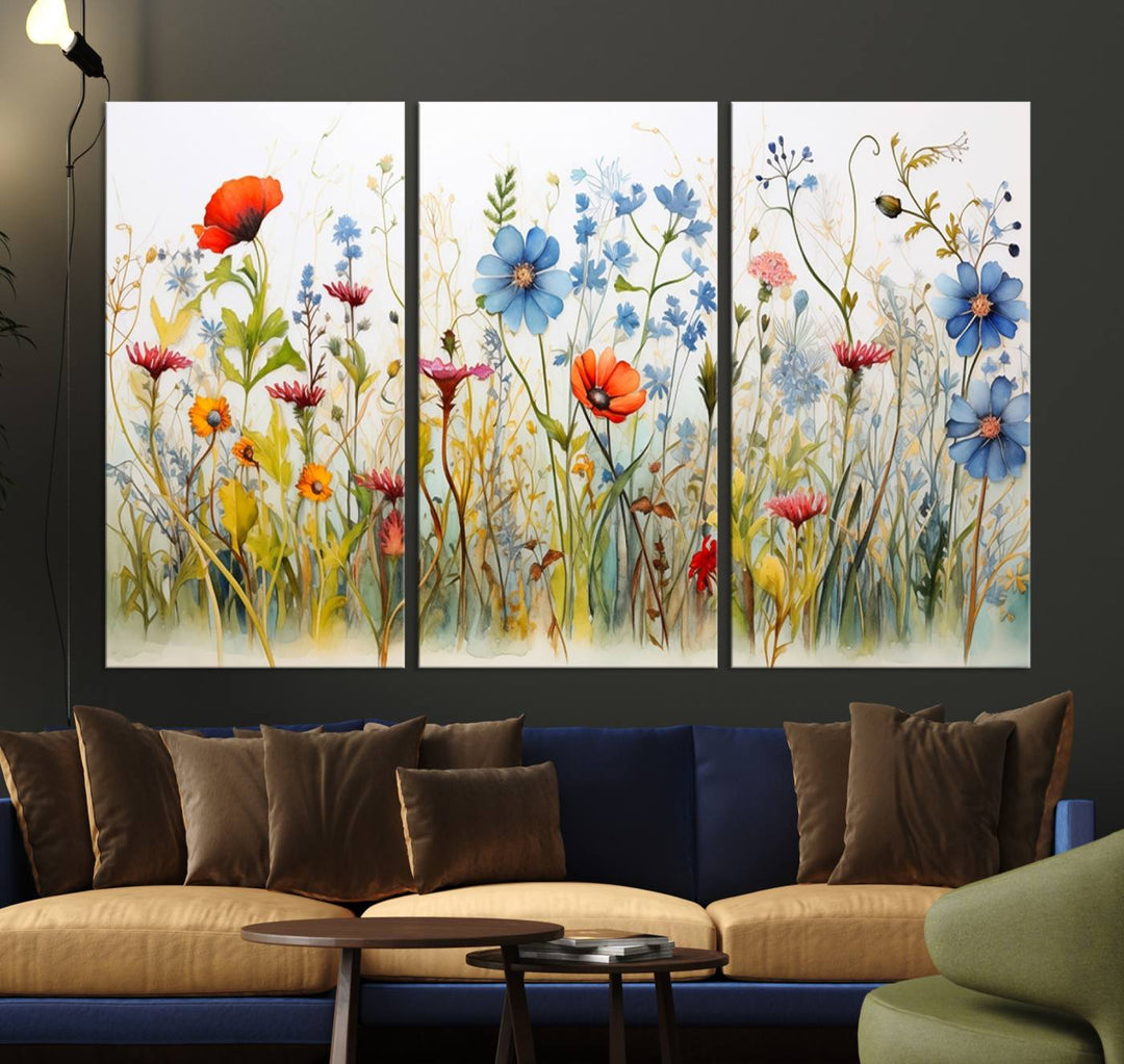 Colorful Wildflower Canvas Wall Art - Vibrant Floral Botanical Print, Bright Nature Decor for Living Room, Large 3 Panel Set, Ready to Hang