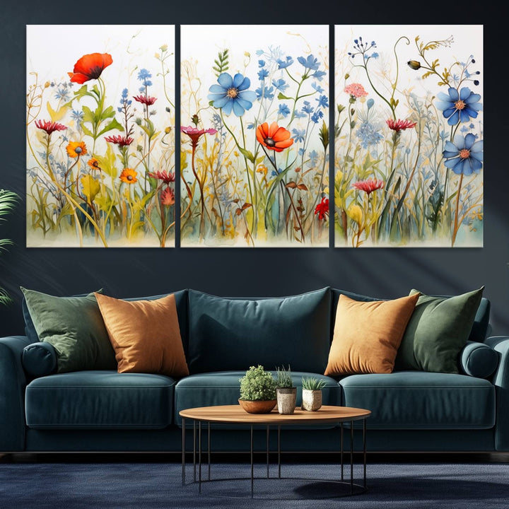 Colorful Wildflower Canvas Wall Art - Vibrant Floral Botanical Print, Bright Nature Decor for Living Room, Large 3 Panel Set, Ready to Hang