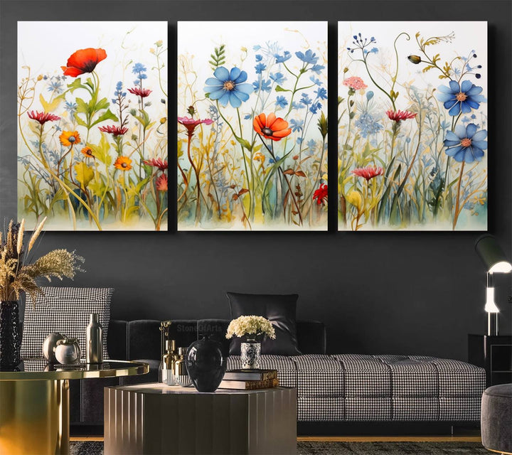 Colorful Wildflower Canvas Wall Art - Vibrant Floral Botanical Print, Bright Nature Decor for Living Room, Large 3 Panel Set, Ready to Hang