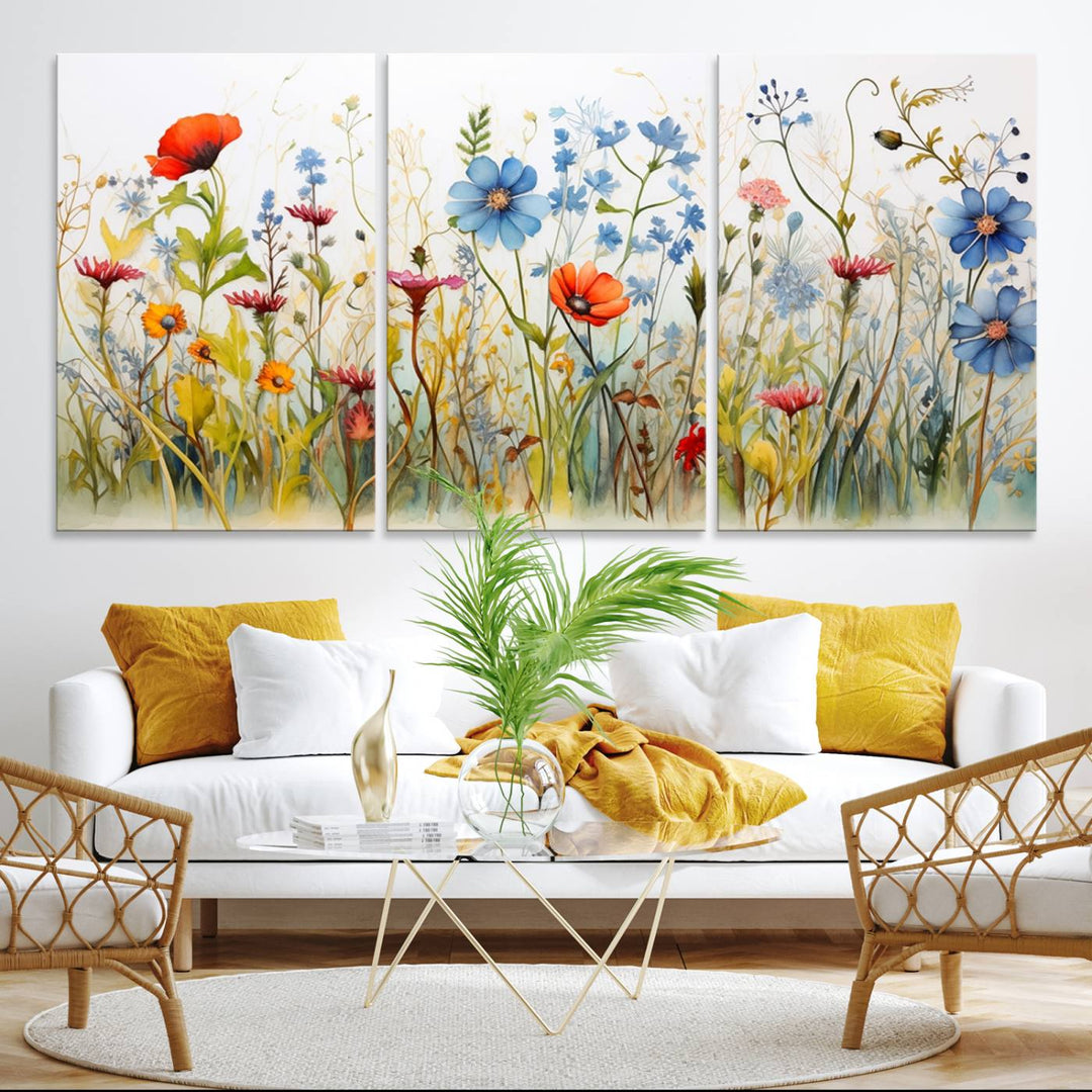 Colorful Wildflower Canvas Wall Art - Vibrant Floral Botanical Print, Bright Nature Decor for Living Room, Large 3 Panel Set, Ready to Hang