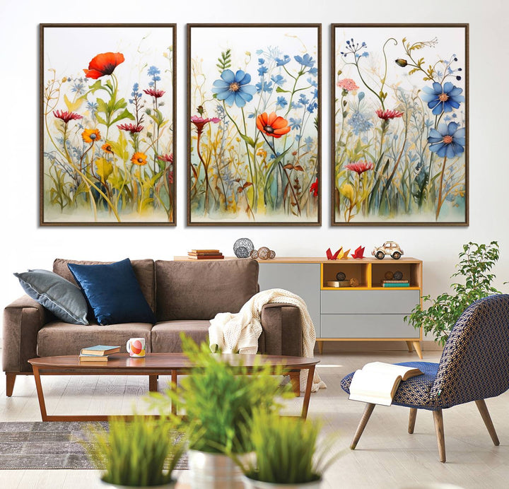 45019-MGV-CV-36X24-Colorful Wildflower Canvas Wall Art - Vibrant Floral Botanical Print, Bright Nature Decor for Living Room, Large 3 Panel Set, Ready to Hang