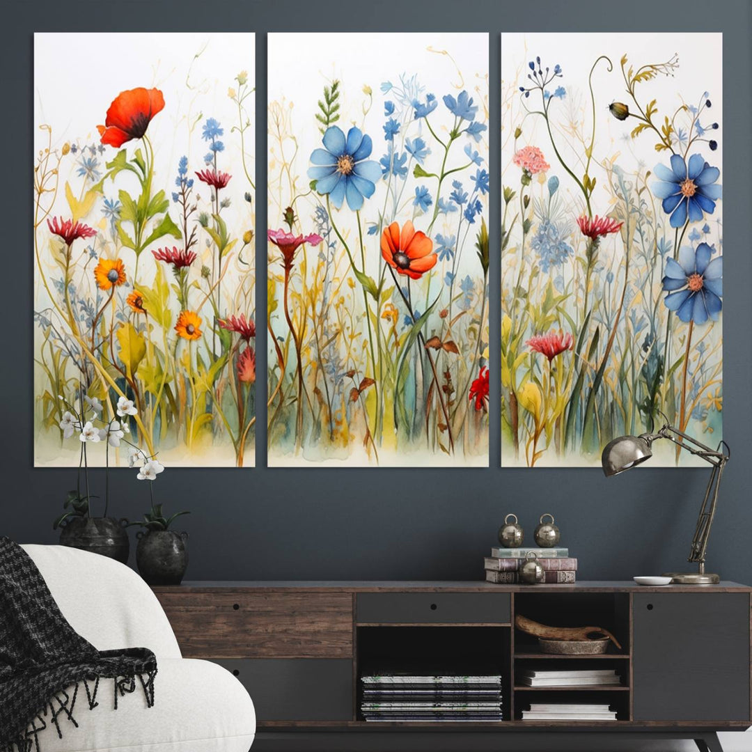 Colorful Wildflower Canvas Wall Art - Vibrant Floral Botanical Print, Bright Nature Decor for Living Room, Large 3 Panel Set, Ready to Hang