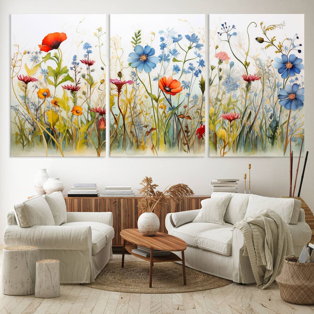 Colorful Wildflower Canvas Wall Art - Vibrant Floral Botanical Print, Bright Nature Decor for Living Room, Large 3 Panel Set, Ready to Hang