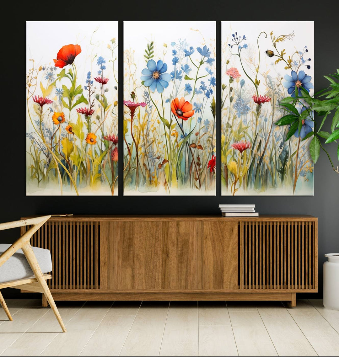 Colorful Wildflower Canvas Wall Art - Vibrant Floral Botanical Print, Bright Nature Decor for Living Room, Large 3 Panel Set, Ready to Hang