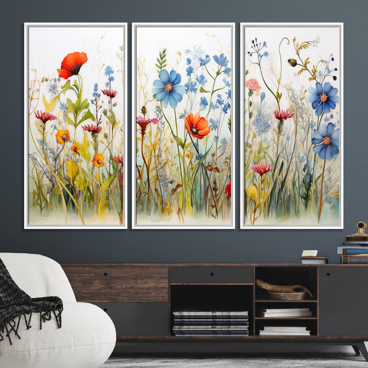 45019-MGV-FC-48X32-3P_White-Colorful Wildflower Canvas Wall Art - Vibrant Floral Botanical Print, Bright Nature Decor for Living Room, Large 3 Panel Set, Ready to Hang