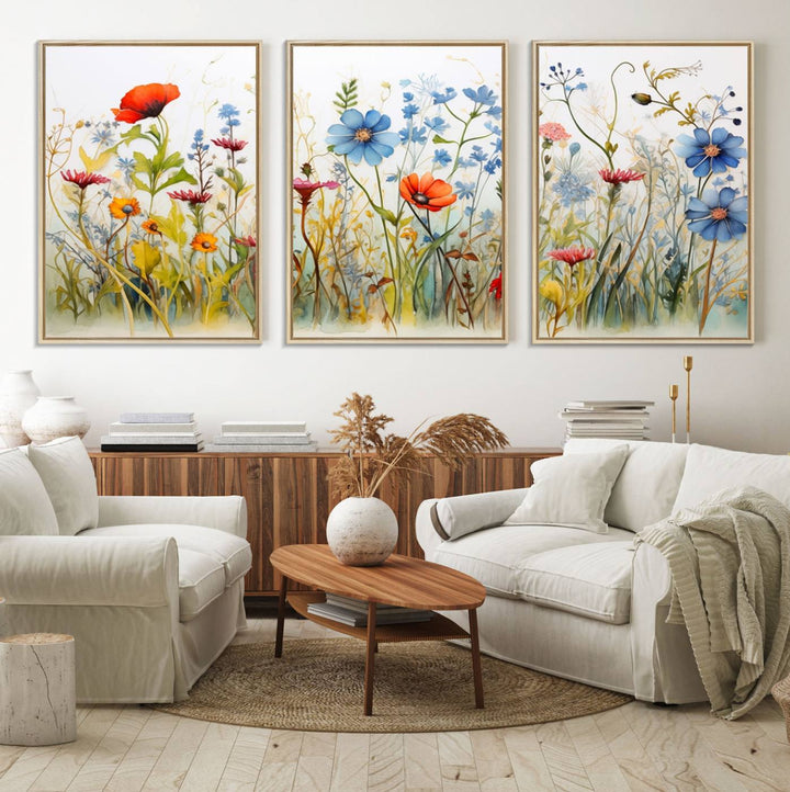 45019-MGV-FC-60X30-3P_Natural-Colorful Wildflower Canvas Wall Art - Vibrant Floral Botanical Print, Bright Nature Decor for Living Room, Large 3 Panel Set, Ready to Hang