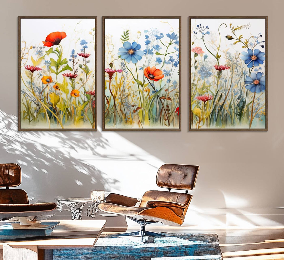 45019-MGV-FC-60X30-3P_Walnut-Colorful Wildflower Canvas Wall Art - Vibrant Floral Botanical Print, Bright Nature Decor for Living Room, Large 3 Panel Set, Ready to Hang