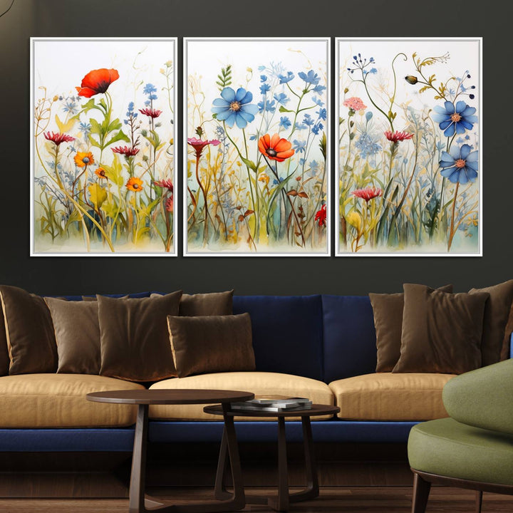 45019-MGV-FC-60X30-3P_White-Colorful Wildflower Canvas Wall Art - Vibrant Floral Botanical Print, Bright Nature Decor for Living Room, Large 3 Panel Set, Ready to Hang