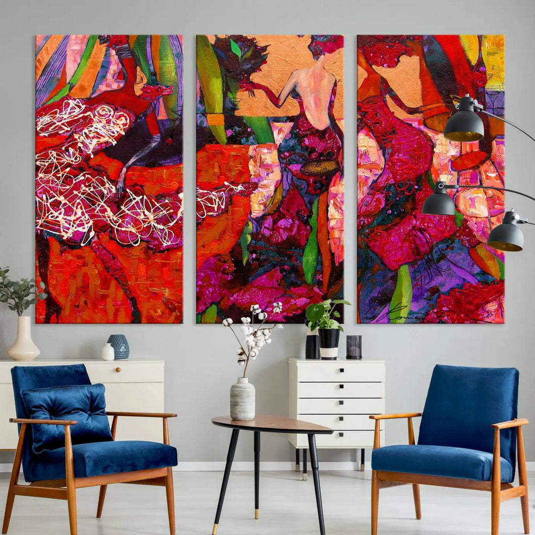 The "Colorful Women Dance Canvas Wall Art Print Music Wall Art" adds a vibrant touch to the modern living room. This colorful abstract triptych on museum-quality canvas is ready to hang and features a UV-protective coating to preserve its stunning hues.